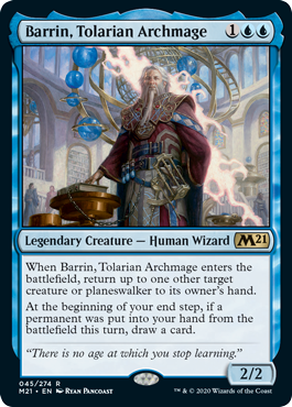 Barrin, Tolarian Archmage
 When Barrin, Tolarian Archmage enters the battlefield, return up to one other target creature or planeswalker to its owner's hand.
At the beginning of your end step, if a permanent was put into your hand from the battlefield this turn, draw a card.